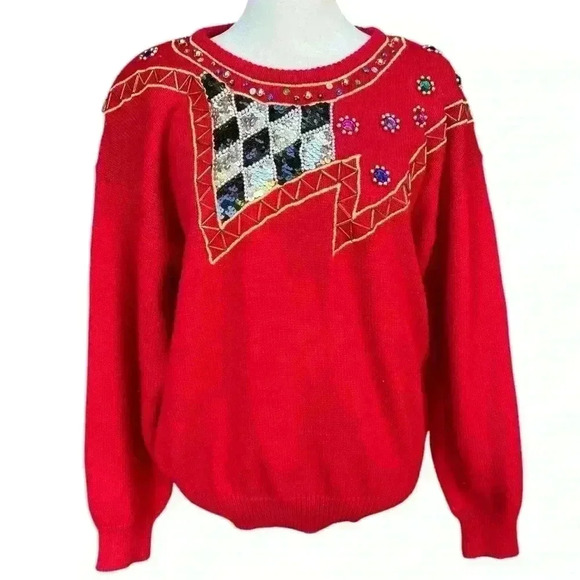 Vintage Western Connection Embellished Women’s Red Sweater Sequins Beads Size L - Picture 6 of 11